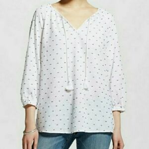 Merona Swiss Dot Polka Dot Cotton Flowy Peasent Top White Navy Sz Medium